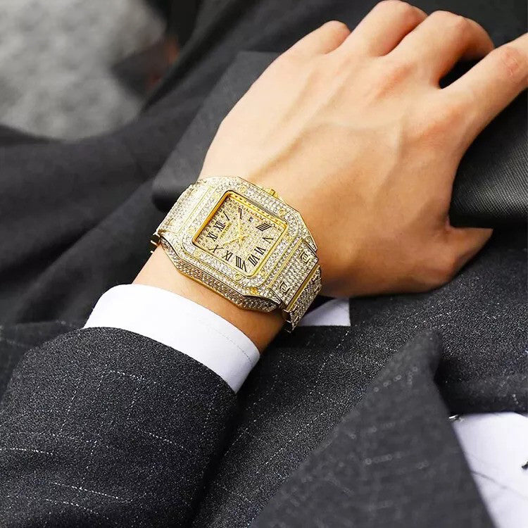 Luxury Iced-Out Golden Stone Watch for Men - Elegant Timepiece