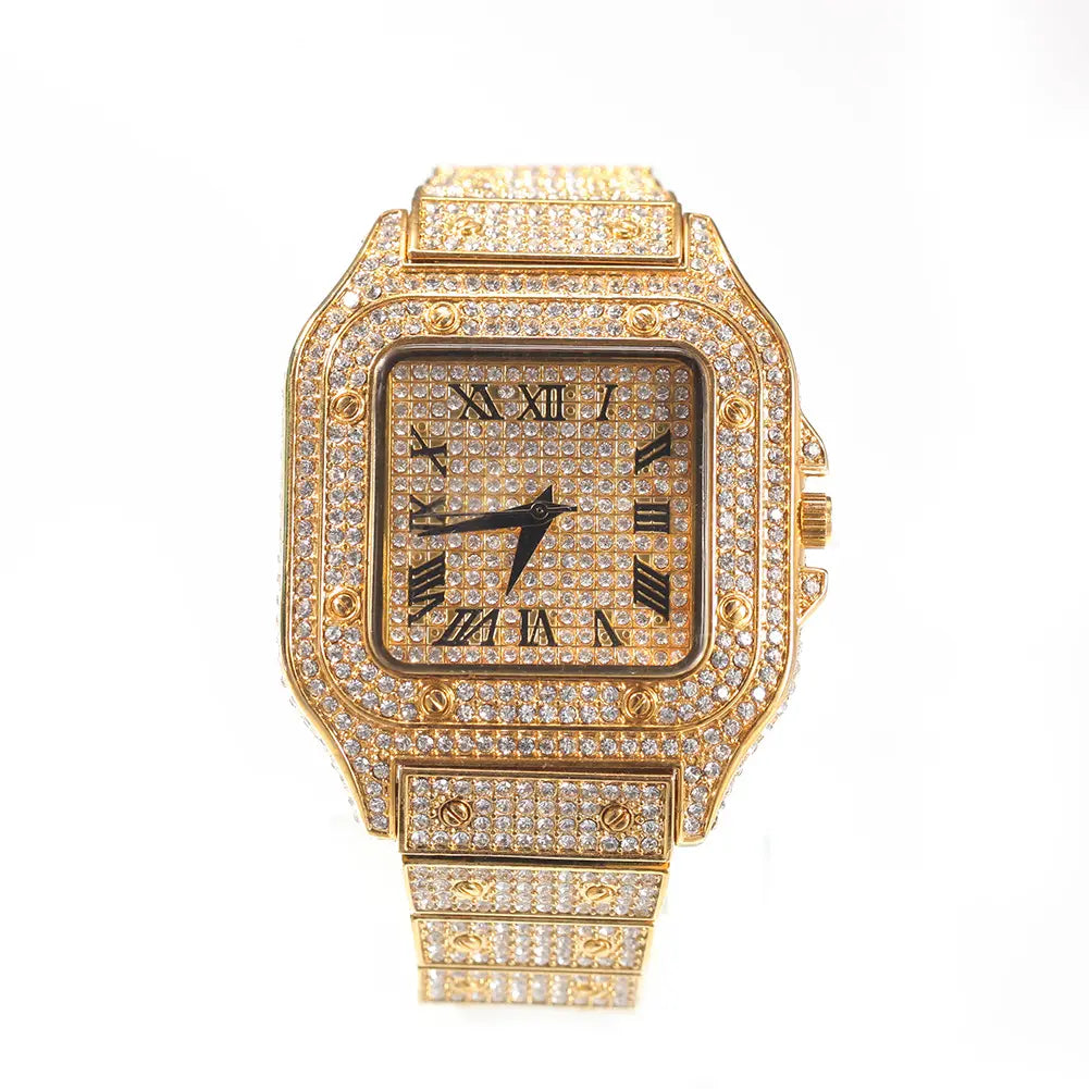 Luxury Iced-Out Golden Stone Watch for Men - Elegant Timepiece